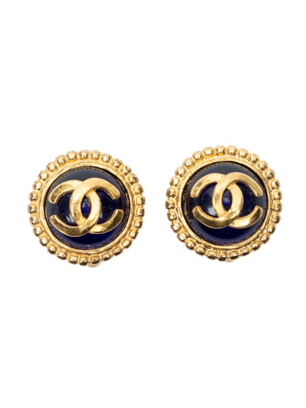 Chanel CC Logo Round Clip-On Earrings Royal Blue Gold Plated
